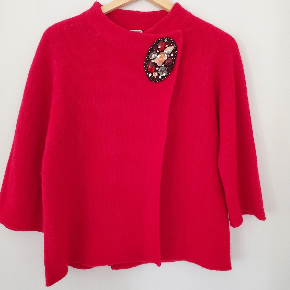 Red 100% Wool Sweater Cardigan Gems Beads Snap Wrap-Front MP Holiday Classic EUC